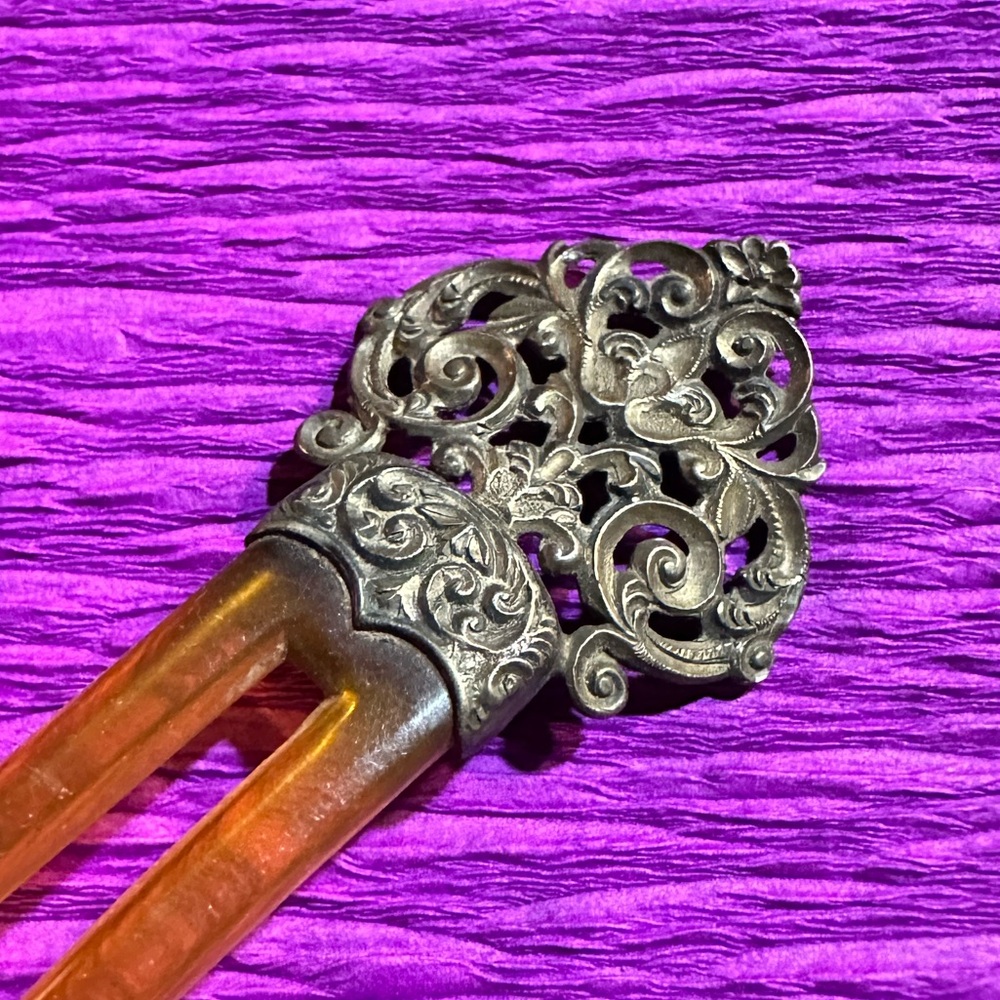 Antique Celluloid & Silver Hair Pick - Picture 2 of 2